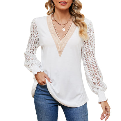 MOMOFEEL Womens Puff Long Sleeve Tunic Tops Lace V Neck Shirts Causal Loose Blouses Pullove M9008