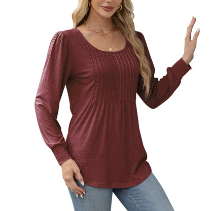 MOMOFEEL Pleated Blouses for Women Puff Long Sleeve Tunic Tops Dressy Casual Shirts M9011