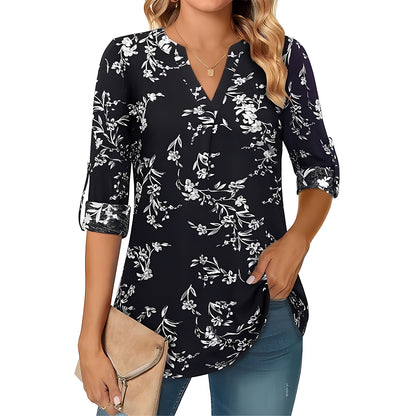 MOMOFEEL Women's Roll Up 3/4 Sleeve Tops Floral Printed Tunic Blouses V Neck Casual Shirts Casual M9014