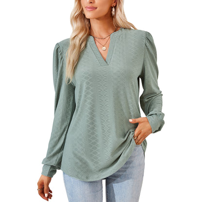 MOMOFEEL Womens Tops Puff Long Sleeves Tunic Tops Casual Loose Blouse V-Neck Shirts M9010