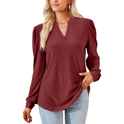 MOMOFEEL Womens Tops Puff Long Sleeves Tunic Tops Casual Loose Blouse V-Neck Shirts M9010