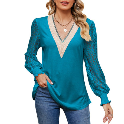 MOMOFEEL Womens Puff Long Sleeve Tunic Tops Lace V Neck Shirts Causal Loose Blouses Pullove M9008