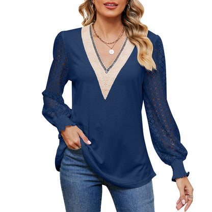 MOMOFEEL Womens Puff Long Sleeve Tunic Tops Lace V Neck Shirts Causal Loose Blouses Pullove M9008